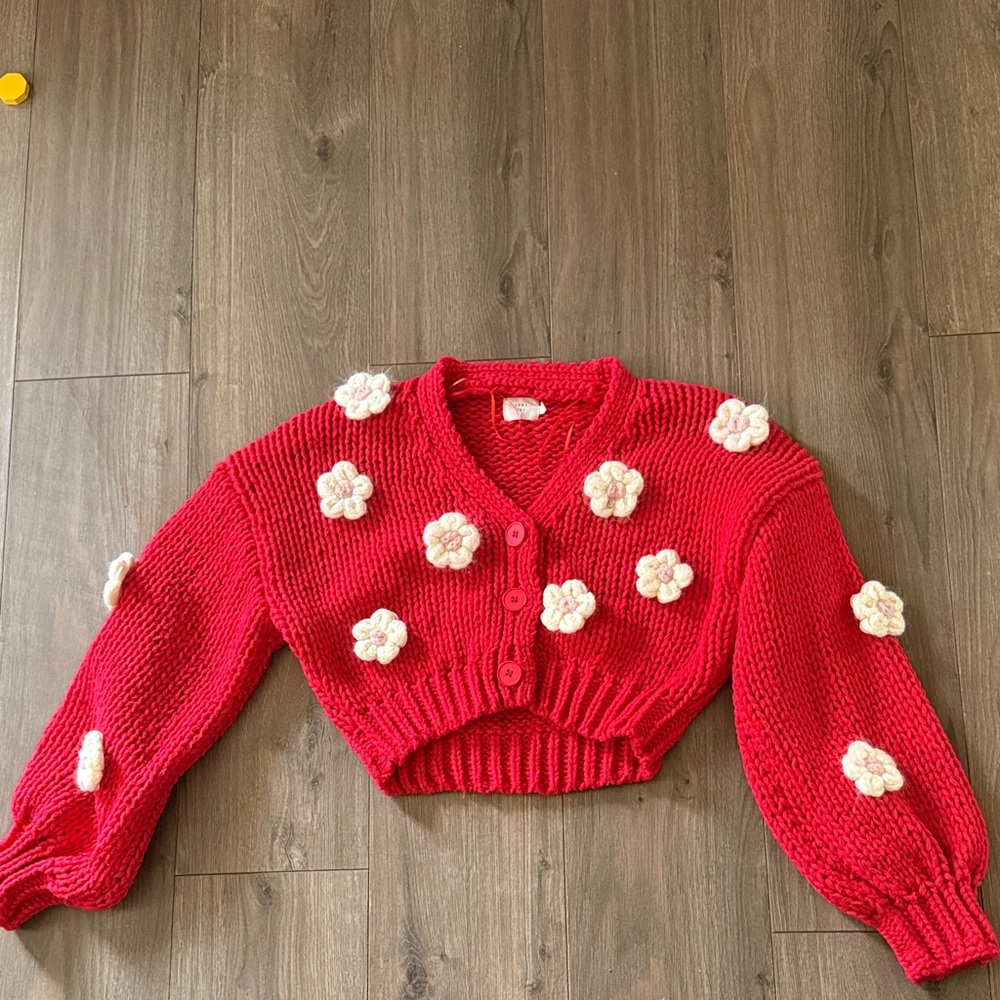 Red Cropped Knit Cardigan with Cream Floral Appliqués